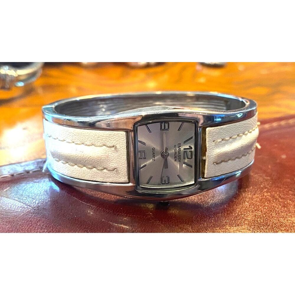 Women's 23mm Silver Tone Embassy by Gruen Watch, Leopard Print Bangle Bracelet